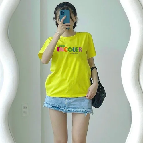 Áo Thun Nữ Cổ Tròn In chữ ENCOUER form ôm suông rộng size L(45-65kg)