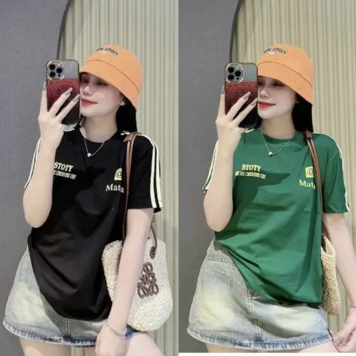 Áo Thun Nữ Cổ Tròn In Chữ hai bên form vừa size M(40-60kg)