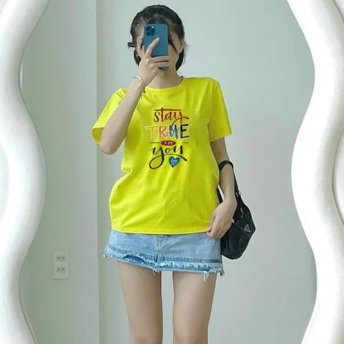 Áo Thun Nữ Cổ Tròn In chữ TRUE form ôm suông rộng size L(45-65kg)