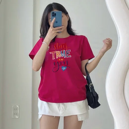 Áo Thun Nữ Cổ Tròn In chữ TRUE form ôm suông rộng size L(45-65kg)