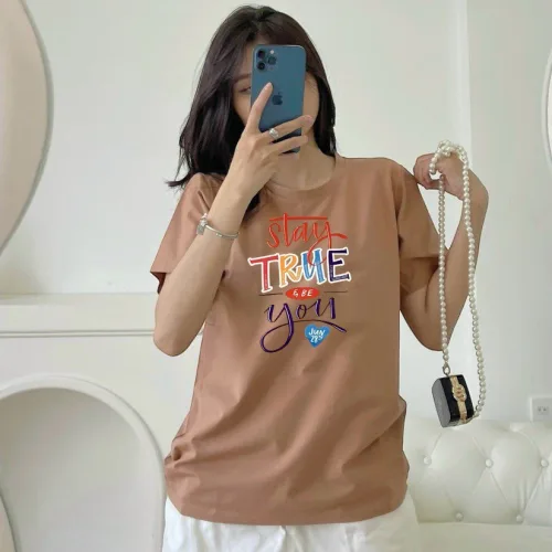 Áo Thun Nữ Cổ Tròn In chữ TRUE form ôm suông rộng size L(45-65kg)