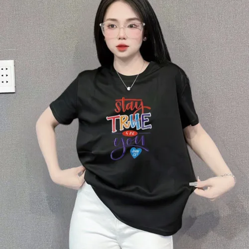 Áo Thun Nữ Cổ Tròn In chữ TRUE form ôm suông rộng size L(45-65kg)
