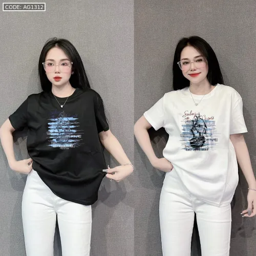 Áo Thun Nữ Cổ Tròn In Hình Chiếc Thuyền form vừa size M(40-60kg)