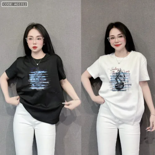 Áo Thun Nữ Cổ Tròn In Hình Chiếc Thuyền form vừa size M(40-60kg)