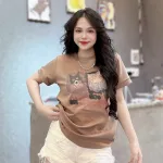 Áo Thun Nữ Cổ Tròn In Hình Mặt Con Chó Và Mèo form vừa size M(40-60kg)