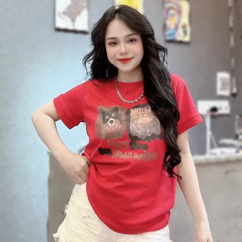 Áo Thun Nữ Cổ Tròn In Hình Mặt Con Chó Và Mèo form vừa size M(40-60kg)