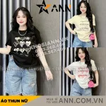 Áo Thun Nữ Cổ Tròn In Nhiều Hình Trái Tim Với Chữ form vừa size M(40-60kg)