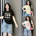 Áo Thun Nữ Cổ Tròn In Nhiều Hình Trái Tim Với Chữ form vừa size M(40-60kg)