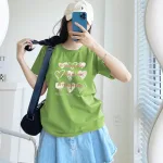 Áo Thun Nữ Cổ Tròn In Nhiều Hình Trái Tim Với Chữ form vừa size M(40-60kg)