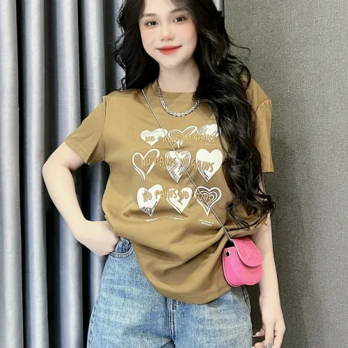 Áo Thun Nữ Cổ Tròn In Nhiều Hình Trái Tim Với Chữ form vừa size M(40-60kg)