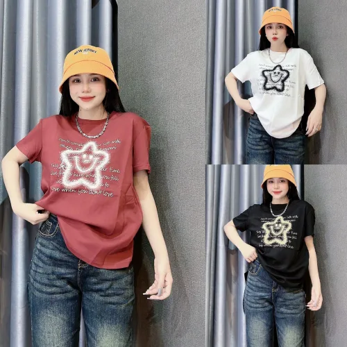 Áo Thun Nữ Cổ Tròn Thuê Hình Ngôi Sao Cười form vừa size M(40-60kg)