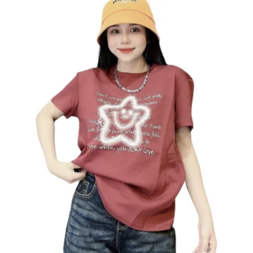 Áo Thun Nữ Cổ Tròn Thuê Hình Ngôi Sao Cười form vừa size M(40-60kg)