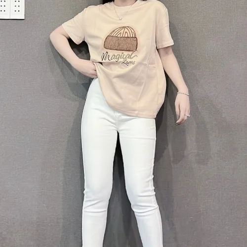 Áo Thun Nữ Cổ Tròn Thuê Hình Và Chữ form vừa size M(40-60kg)