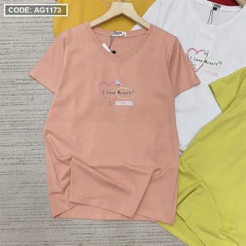 Áo thun thái nữ cổ tim form rộng in chữ i love my self