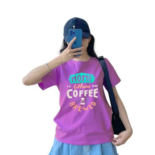 Áo Thun Thái Nữ Cổ Tròn Form Rộng In Chữ Home Where Coffee Size L(55-75kg)
