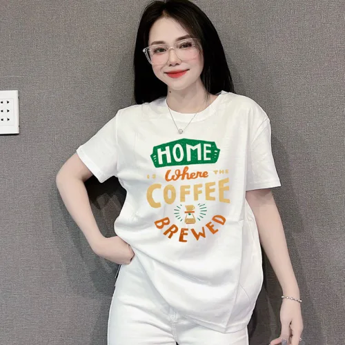 Áo Thun Thái Nữ Cổ Tròn Form Rộng In Chữ Home Where Coffee Size L(55-75kg)