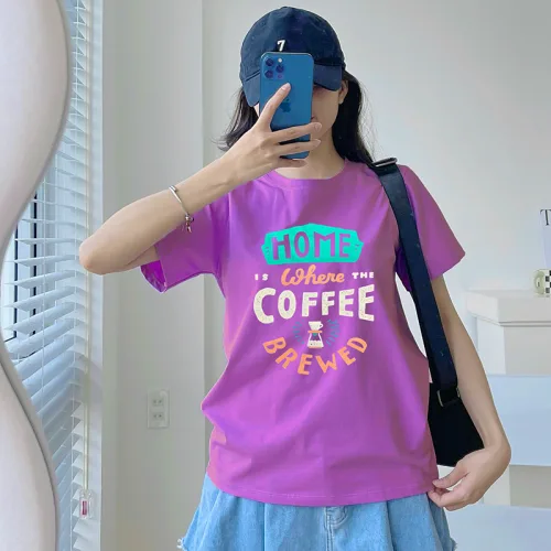 Áo Thun Thái Nữ Cổ Tròn Form Rộng In Chữ Home Where Coffee Size L(55-75kg)