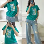 Áo thun thái nữ cổ tròn form suông in chữ nổi
