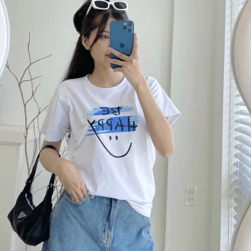 Áo Thun Thái Nữ Cổ Tròn Form suông in chữ Be Happy Nhiều Màu