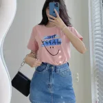 Áo Thun Thái Nữ Cổ Tròn Form suông in chữ Be Happy Nhiều Màu