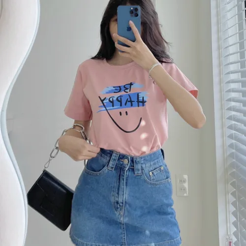 Áo Thun Thái Nữ Cổ Tròn Form suông in chữ Be Happy Nhiều Màu