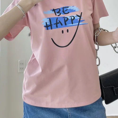 Áo Thun Thái Nữ Cổ Tròn Form suông in chữ Be Happy Nhiều Màu