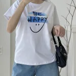 Áo Thun Thái Nữ Cổ Tròn Form suông in chữ Be Happy Nhiều Màu