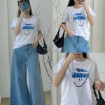 Áo Thun Thái Nữ Cổ Tròn Form suông in chữ Be Happy Nhiều Màu