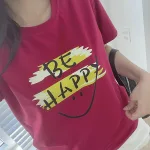 Áo Thun Thái Nữ Cổ Tròn Form suông in chữ Be Happy Nhiều Màu