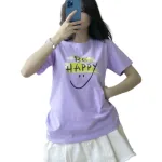 Áo Thun Thái Nữ Cổ Tròn Form suông in chữ Be Happy Nhiều Màu