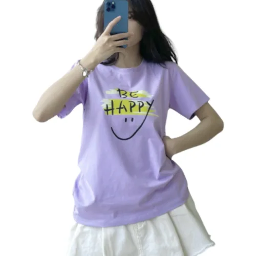 Áo Thun Thái Nữ Cổ Tròn Form suông in chữ Be Happy Nhiều Màu