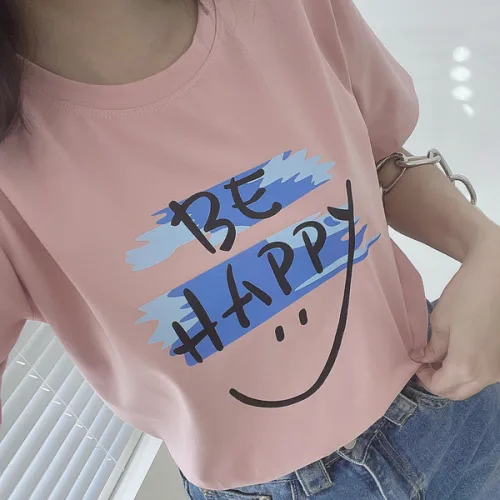 Áo Thun Thái Nữ Cổ Tròn Form suông in chữ Be Happy Nhiều Màu
