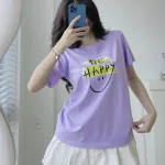 Áo Thun Thái Nữ Cổ Tròn Form suông in chữ Be Happy Nhiều Màu