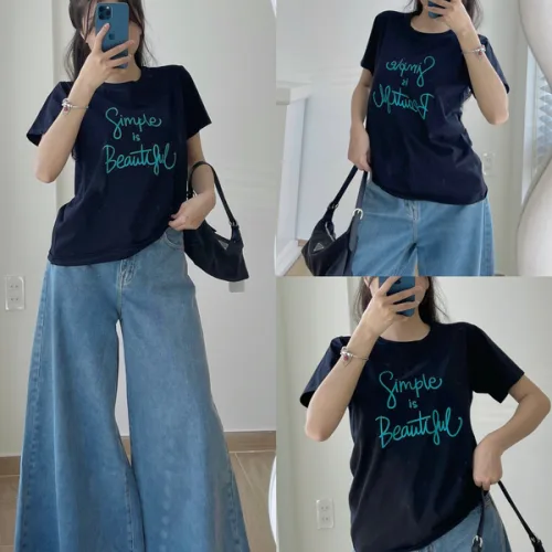 Áo Thun Thái Nữ Cổ Tròn Form suông in chữ Simple Beautyful Nhiều Màu