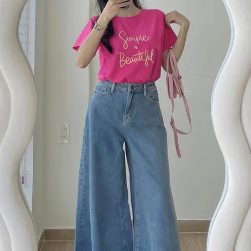 Áo Thun Thái Nữ Cổ Tròn Form suông in chữ Simple Beautyful Nhiều Màu