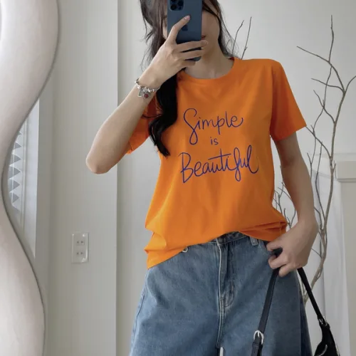 Áo Thun Thái Nữ Cổ Tròn Form suông in chữ Simple Beautyful Nhiều Màu