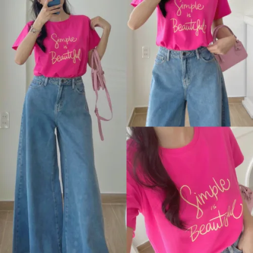 Áo Thun Thái Nữ Cổ Tròn Form suông in chữ Simple Beautyful Nhiều Màu