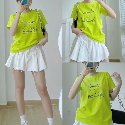 Áo Thun Thái Nữ Cổ Tròn Form suông in chữ Simple Beautyful Nhiều Màu