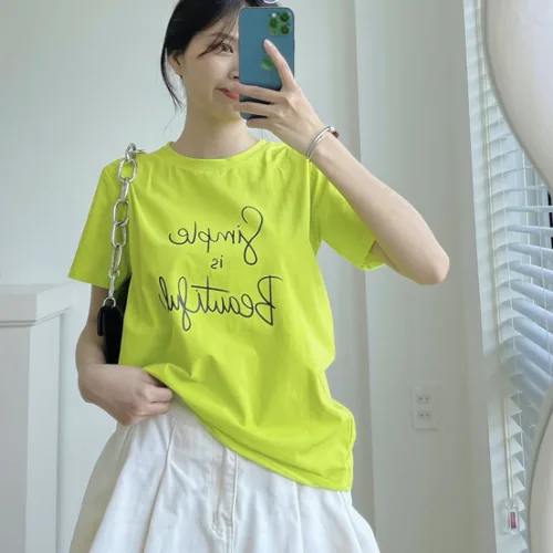 Áo Thun Thái Nữ Cổ Tròn Form suông in chữ Simple Beautyful Nhiều Màu