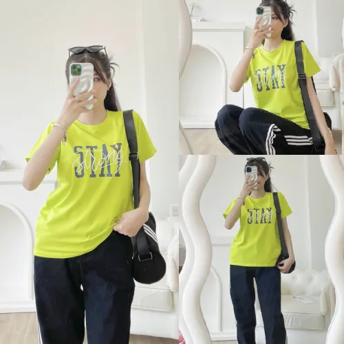 Áo thun thái nữ cổ tròn form suông in chữ Stay