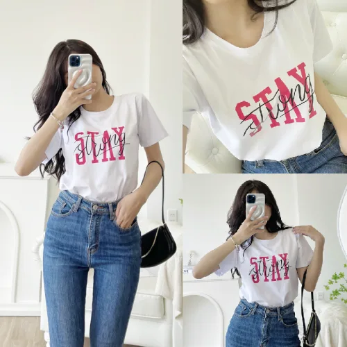 Áo thun thái nữ cổ tròn form suông in chữ Stay