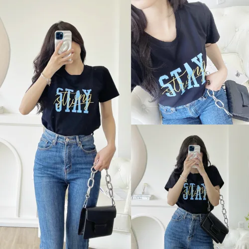 Áo thun thái nữ cổ tròn form suông in chữ Stay