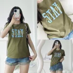 Áo thun thái nữ cổ tròn form suông in chữ Stay