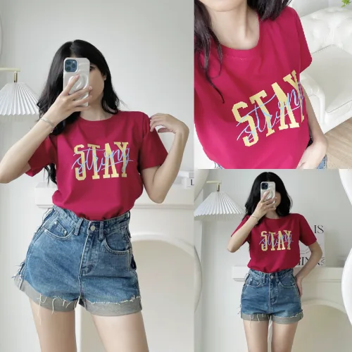Áo thun thái nữ cổ tròn form suông in chữ Stay