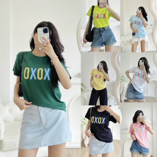 Áo thun thái nữ cổ tròn form suông in chữ Xoxo