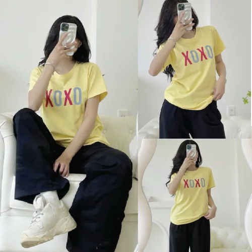 Áo thun thái nữ cổ tròn form suông in chữ Xoxo