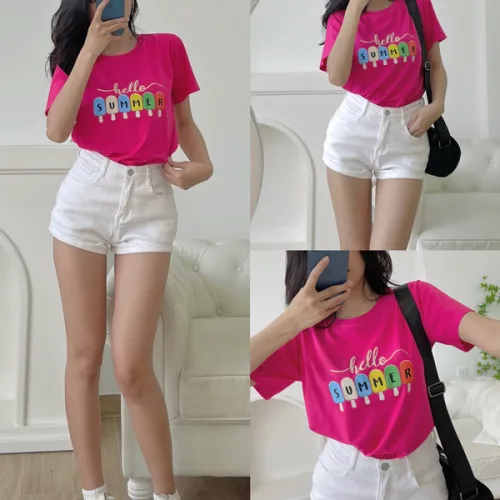 Áo thun thái nữ cổ tròn form suông in hình que kem