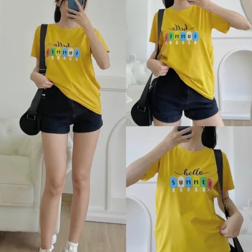 Áo thun thái nữ cổ tròn form suông in hình que kem