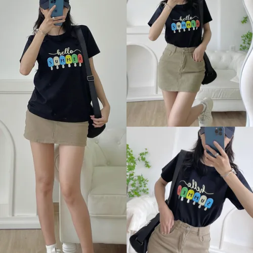 Áo thun thái nữ cổ tròn form suông in hình que kem