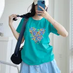 Áo Thun Thái Nữ Cổ Tròn Form Suông In Hình Trái Tim Mini Size M(40-60kg)